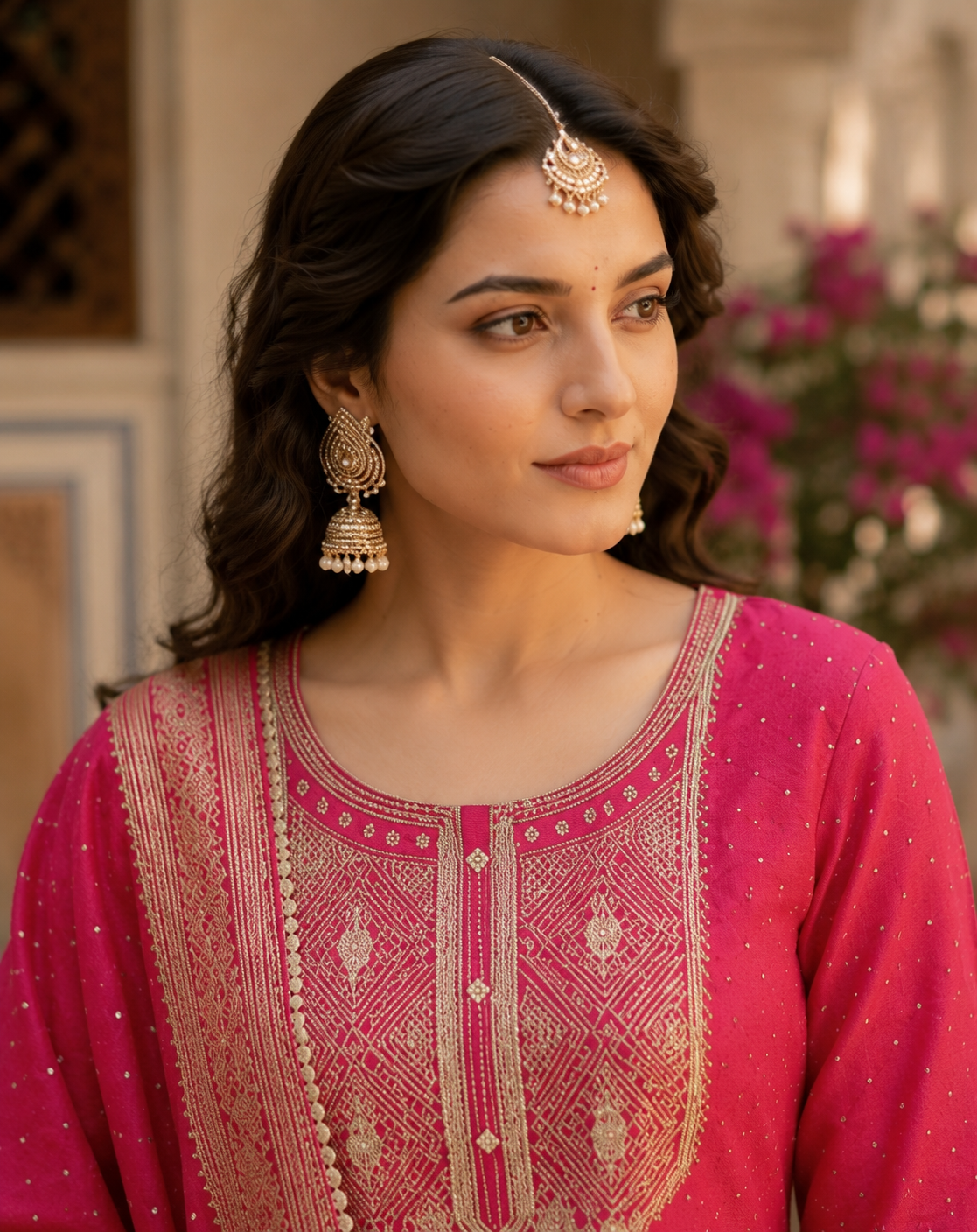 Pink Roman silk kurta set - embroidered yoke neckline detail