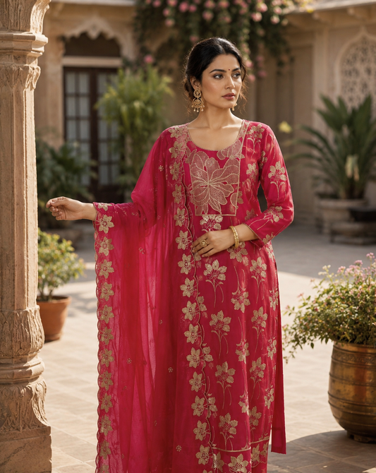 Crimson floral silk kurta set - full length standing