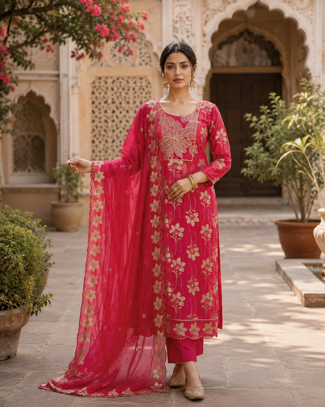 Crimson floral silk kurta set - full length outdoor pose