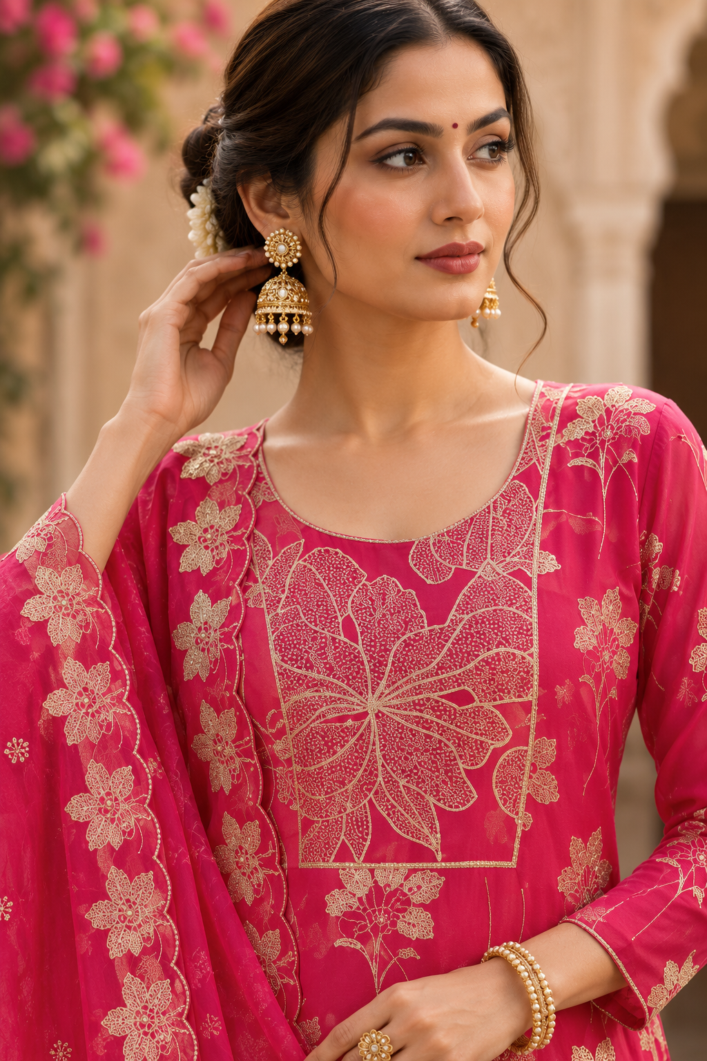 Crimson floral silk kurta set - embroidered yoke detail