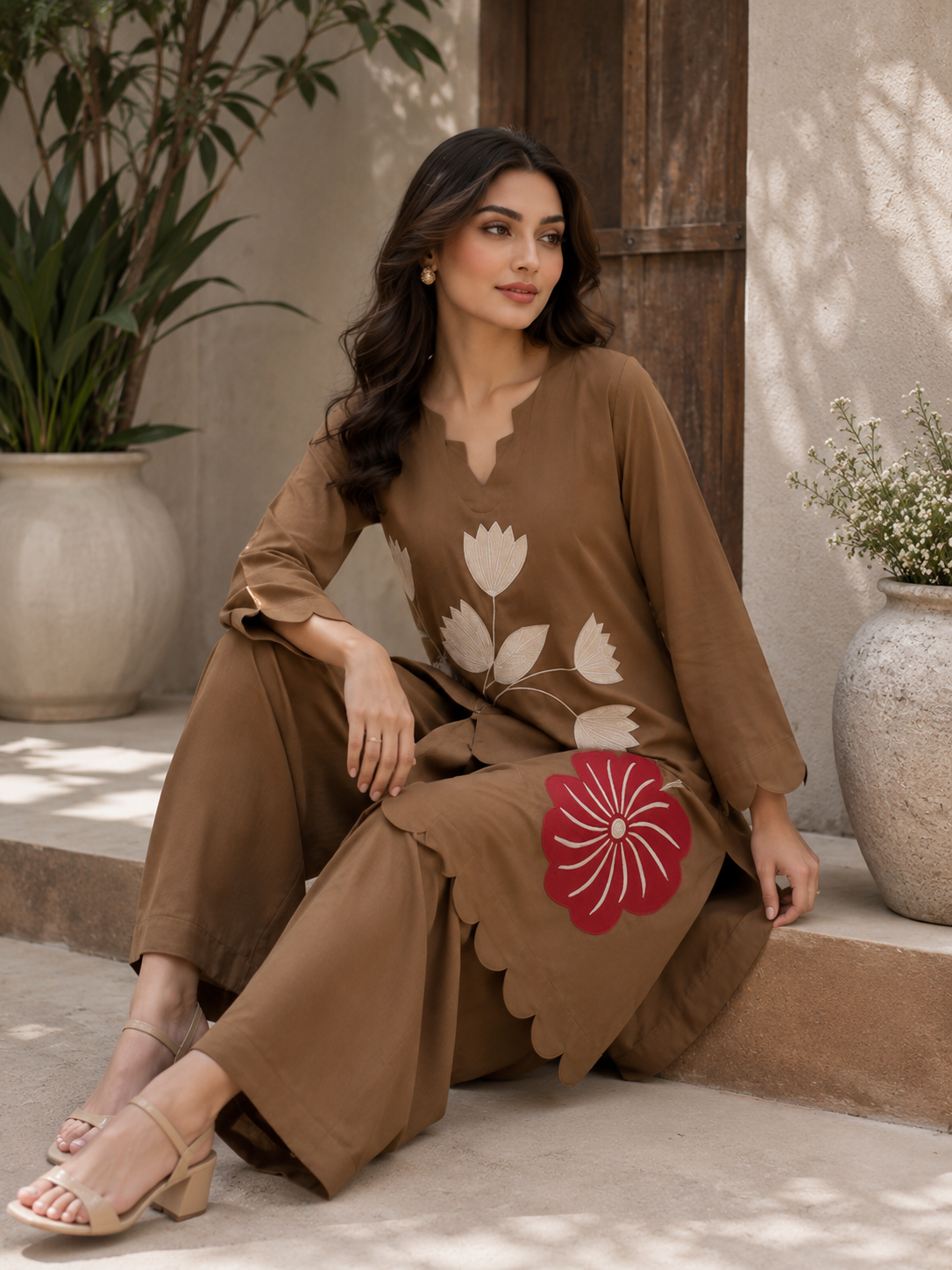 Mocha tulip eplic viscose co-ord set - full length standing