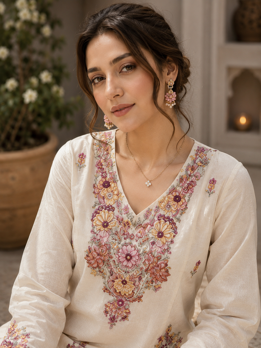 Ivory katha mul chanderi co-ord set - neckline detail