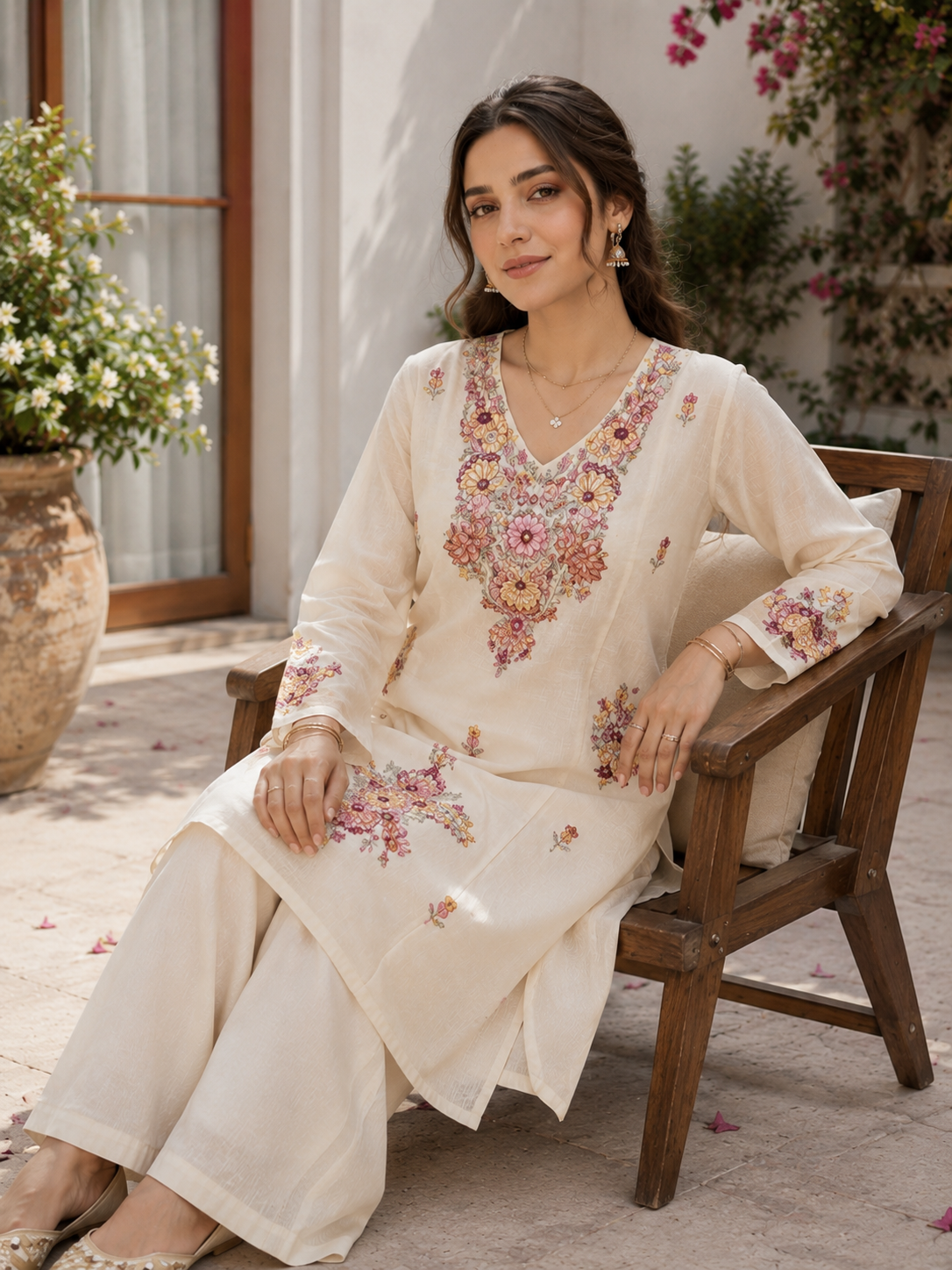 Ivory katha mul chanderi co-ord set - seated pose