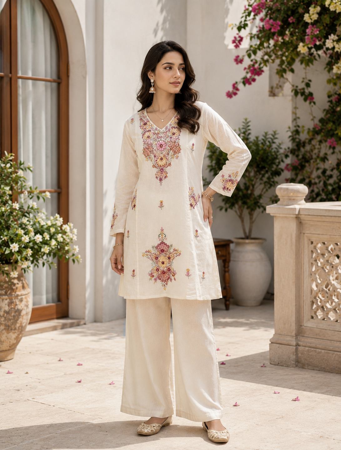 Ivory katha mul chanderi co-ord set - full length standing