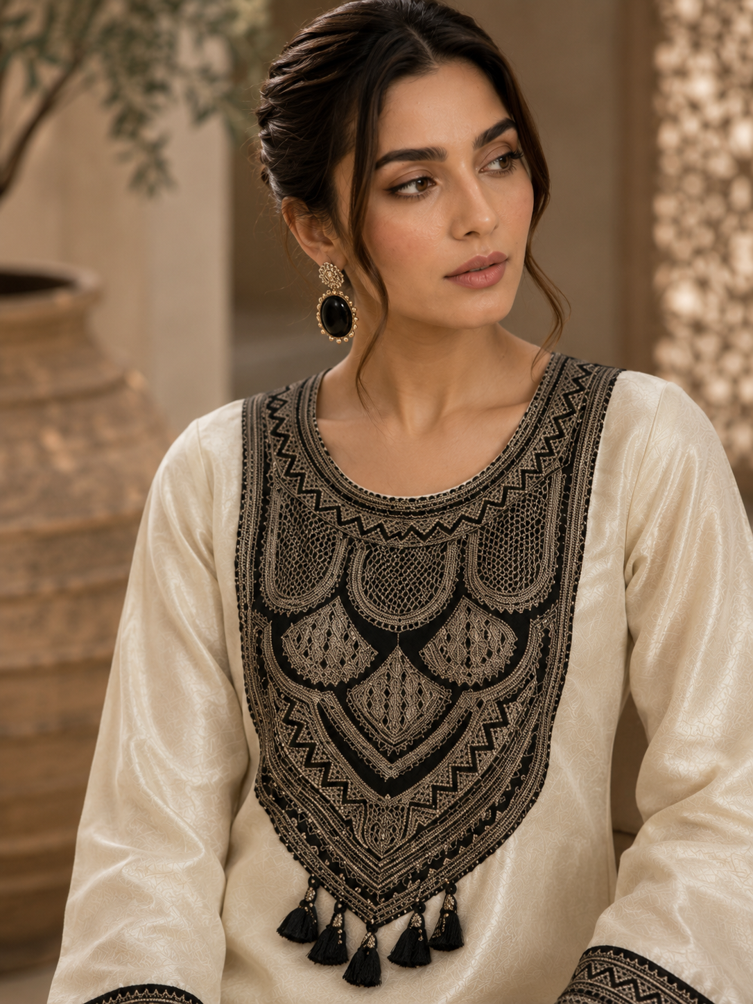 Ivory tribal shimmer co-ord set - embroidered yoke detail