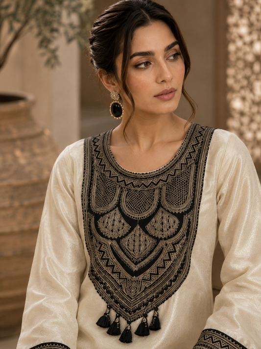Ivory tribal shimmer co-ord set - embroidered yoke detail