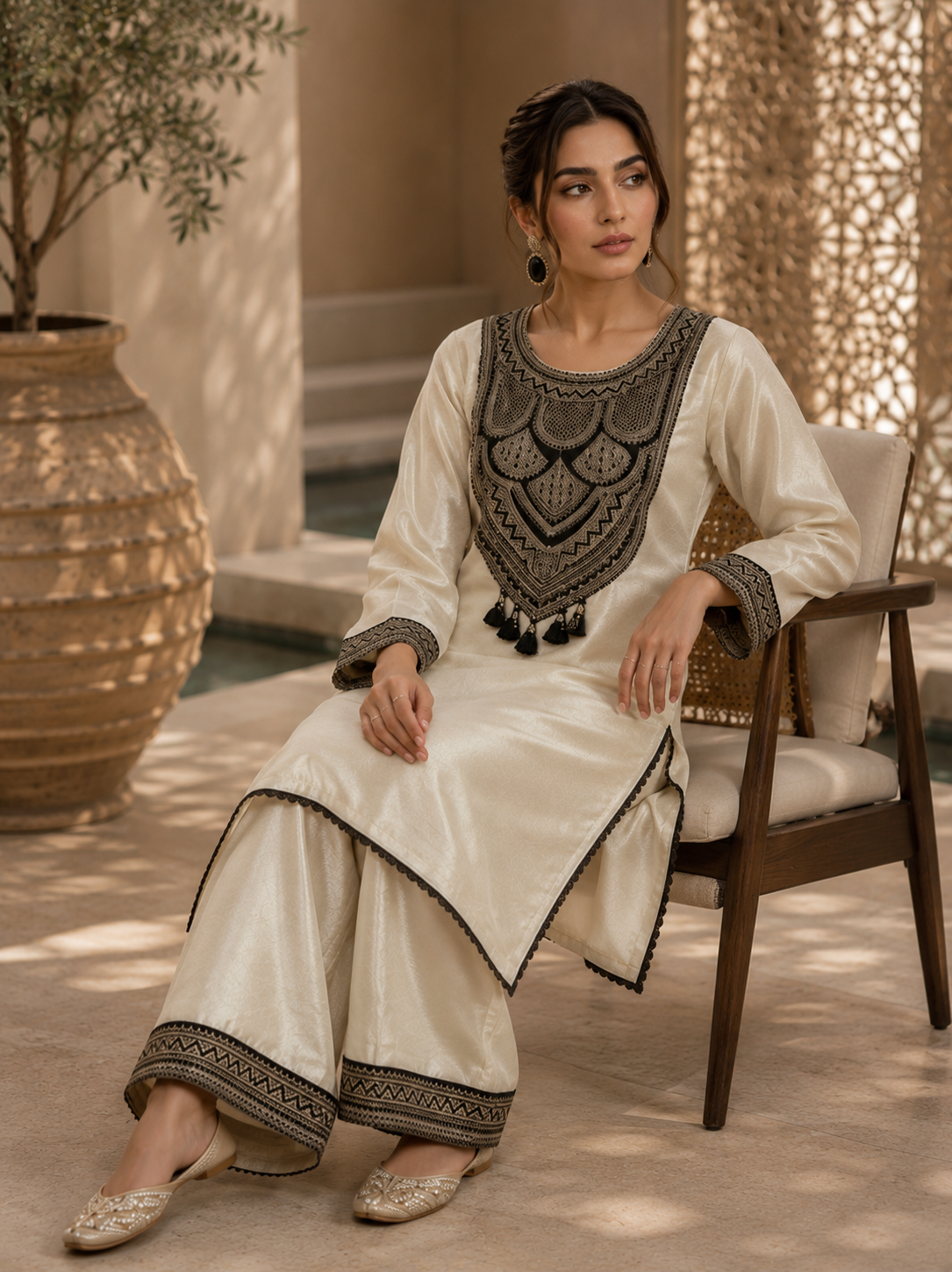 Ivory tribal shimmer co-ord set - full length standing