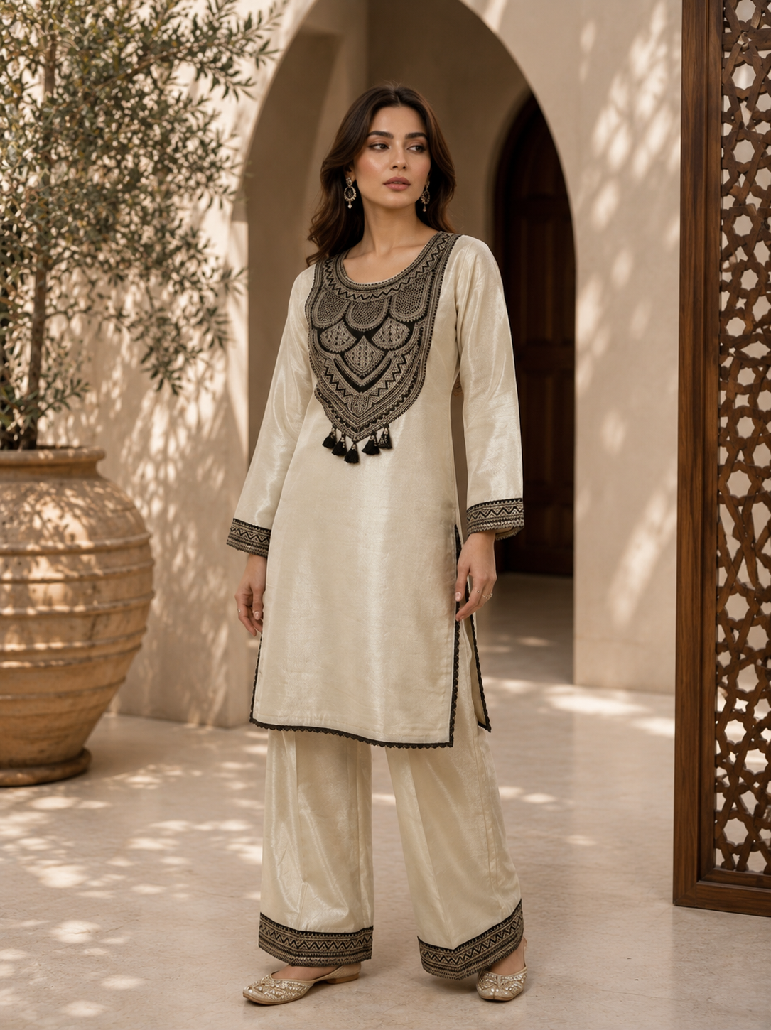 Ivory tribal shimmer co-ord set - seated pose