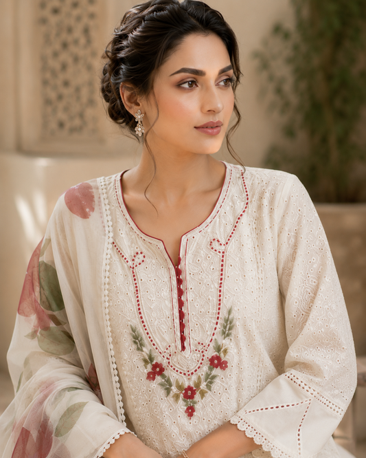 Pearl schiffli georgette kurta set - neckline detail