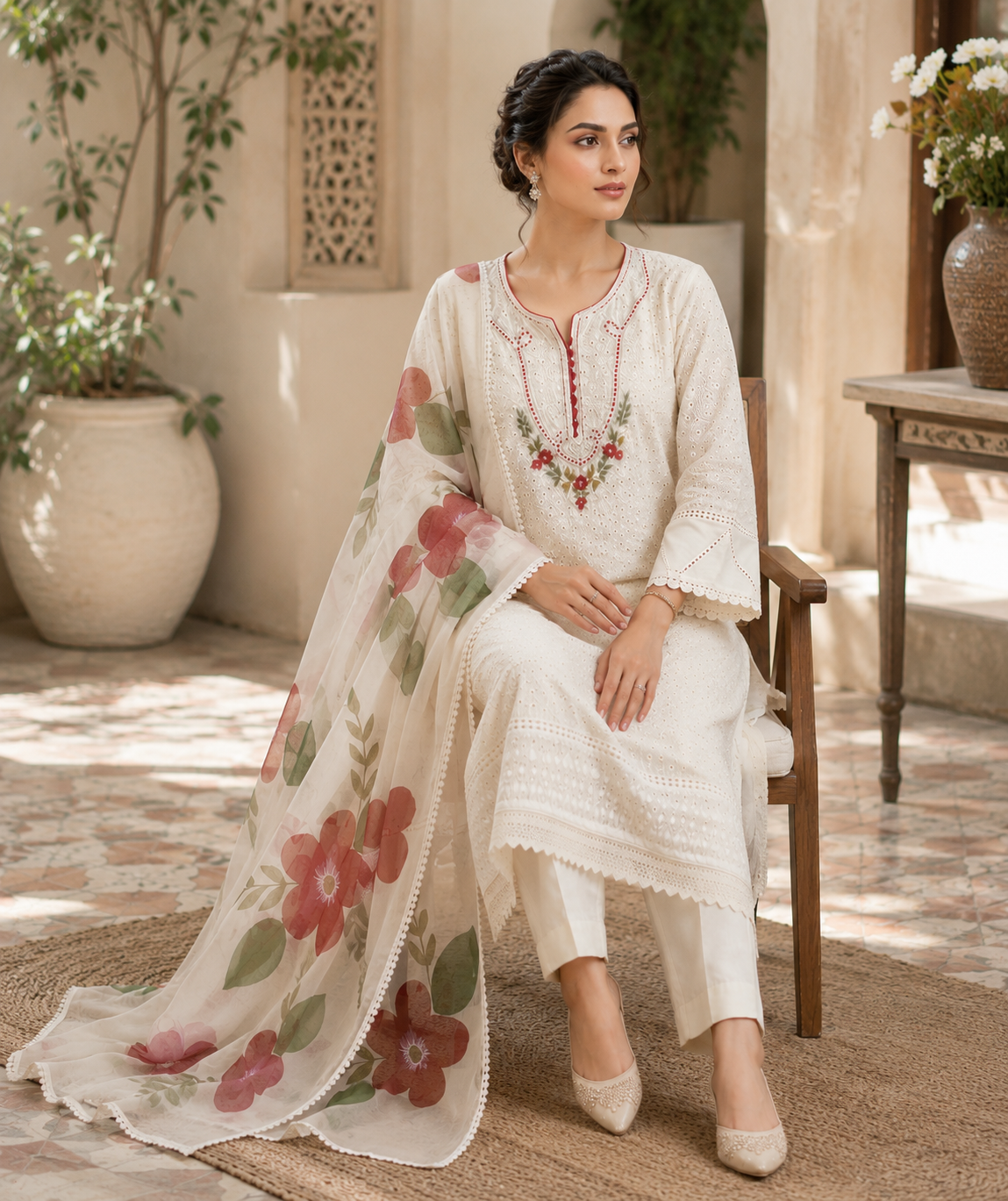 Pearl schiffli georgette kurta set - seated outdoor
