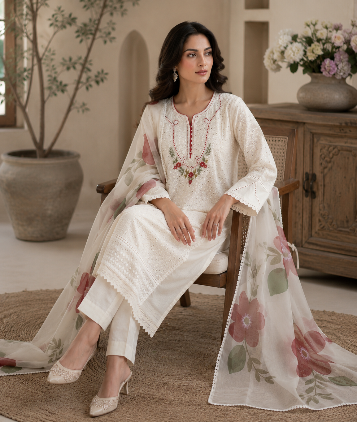 Pearl schiffli georgette kurta set - seated indoor