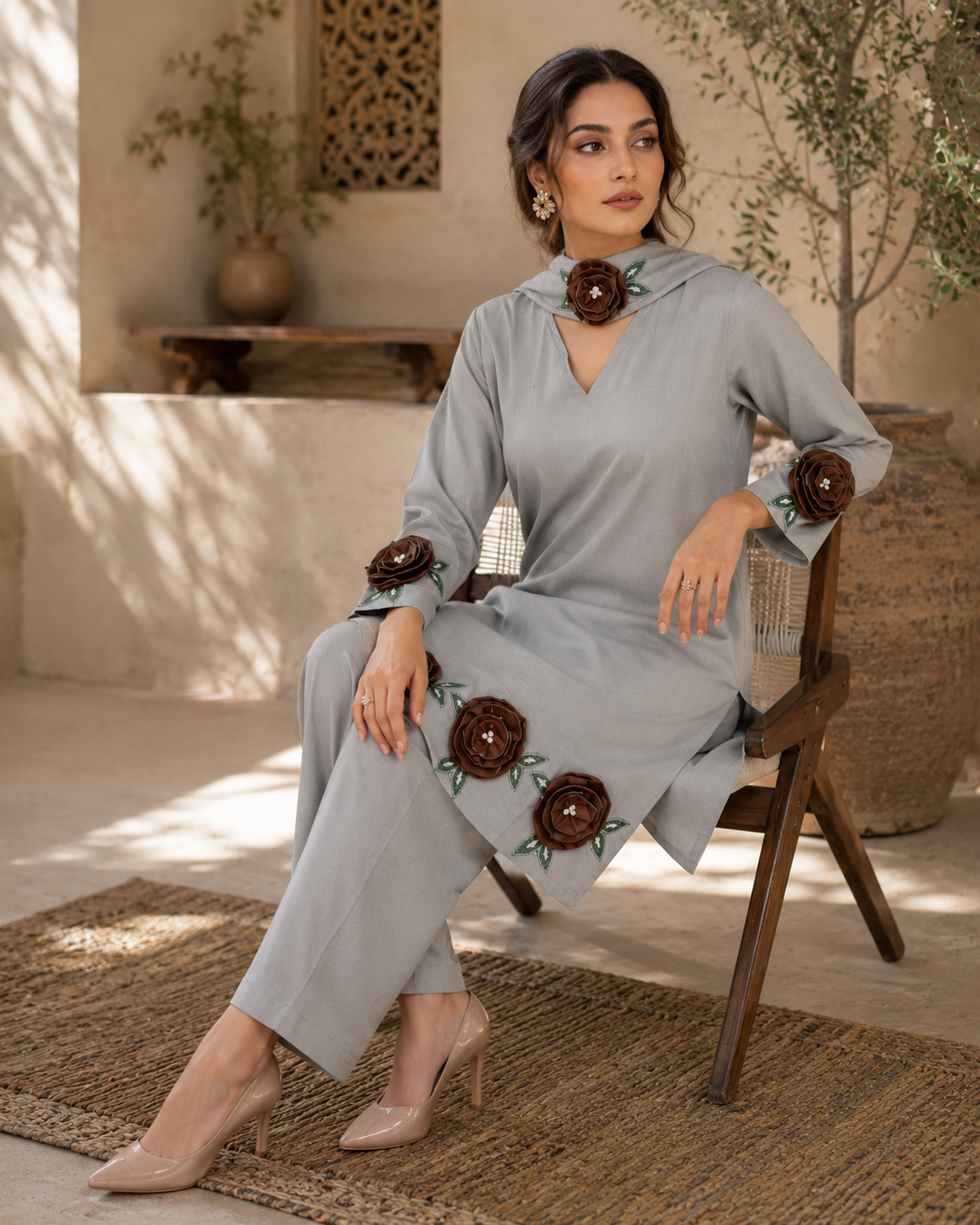 Steel grey viscose coord set with farshi bottom - full length