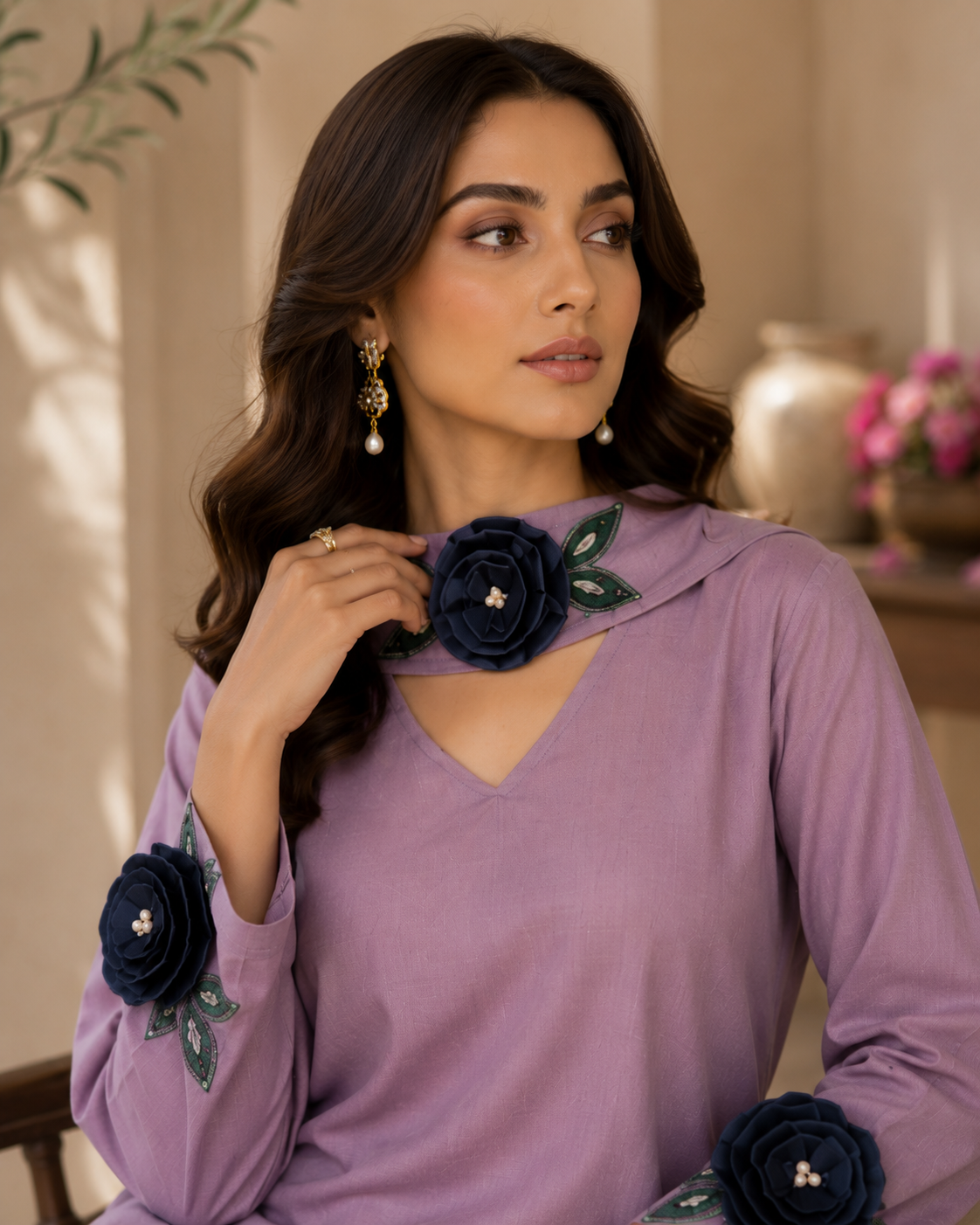 Mauve viscose coord set - seated pose