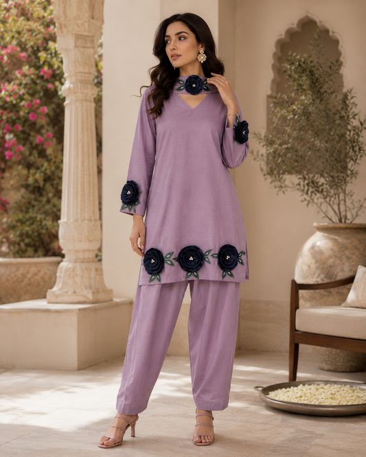 Mauve viscose coord set with farshi bottom - full length