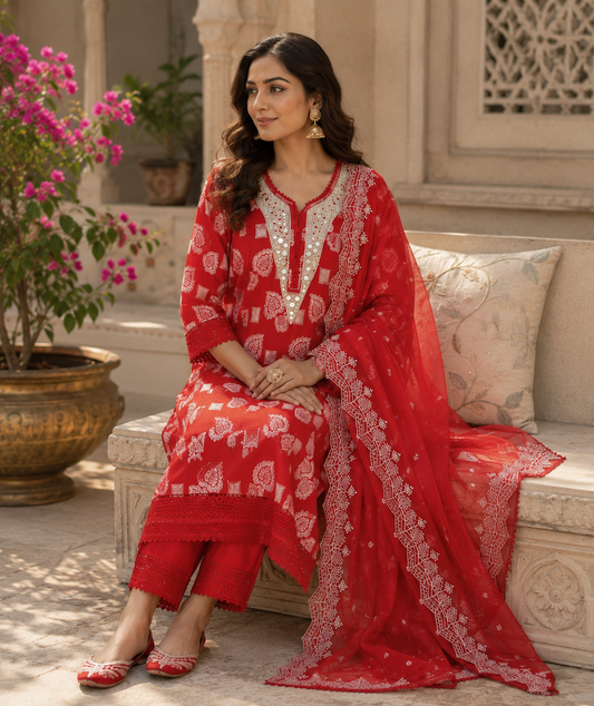Scarlet mirror work kurta set - full length standing