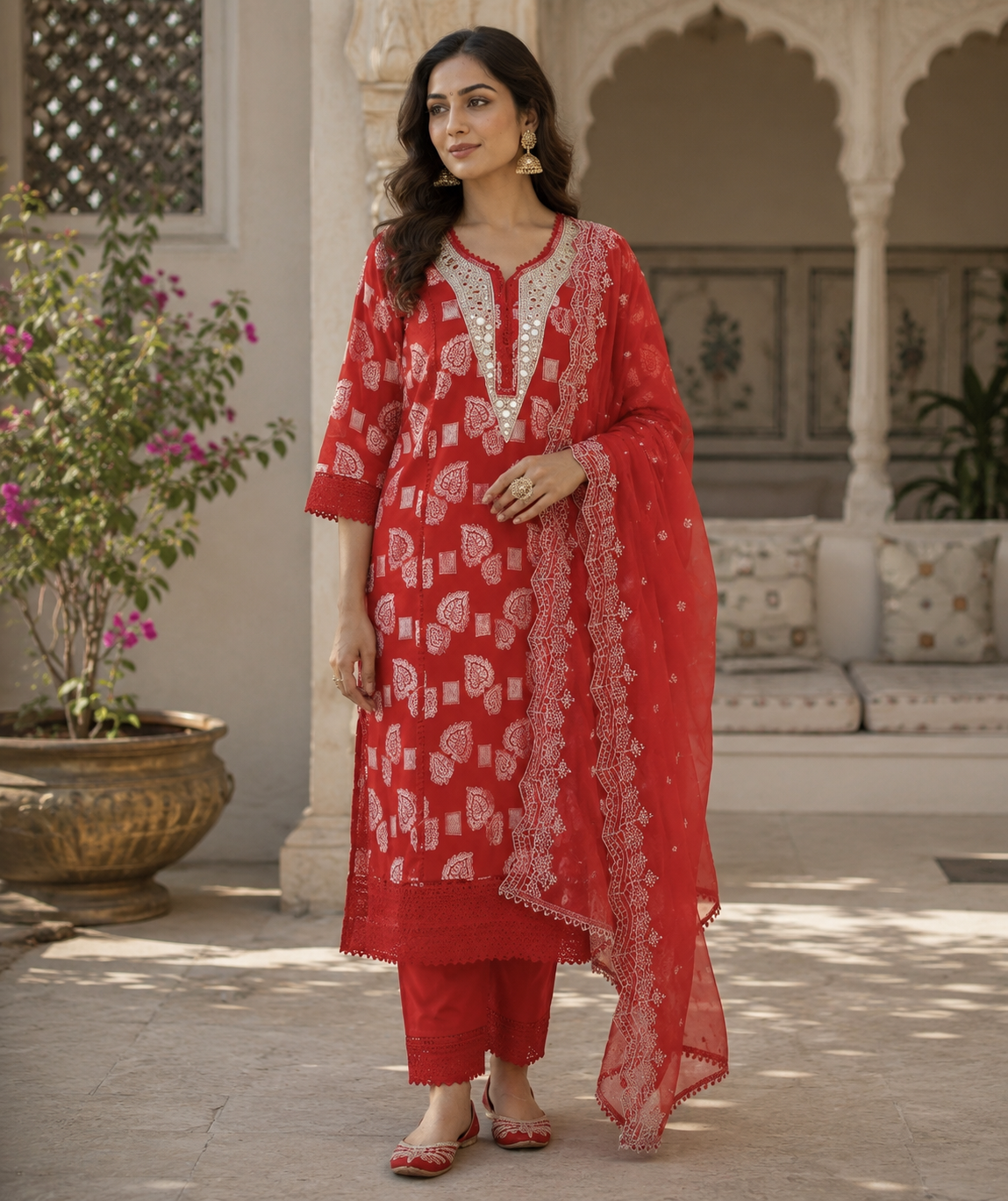 Scarlet mirror work kurta set - seated pose