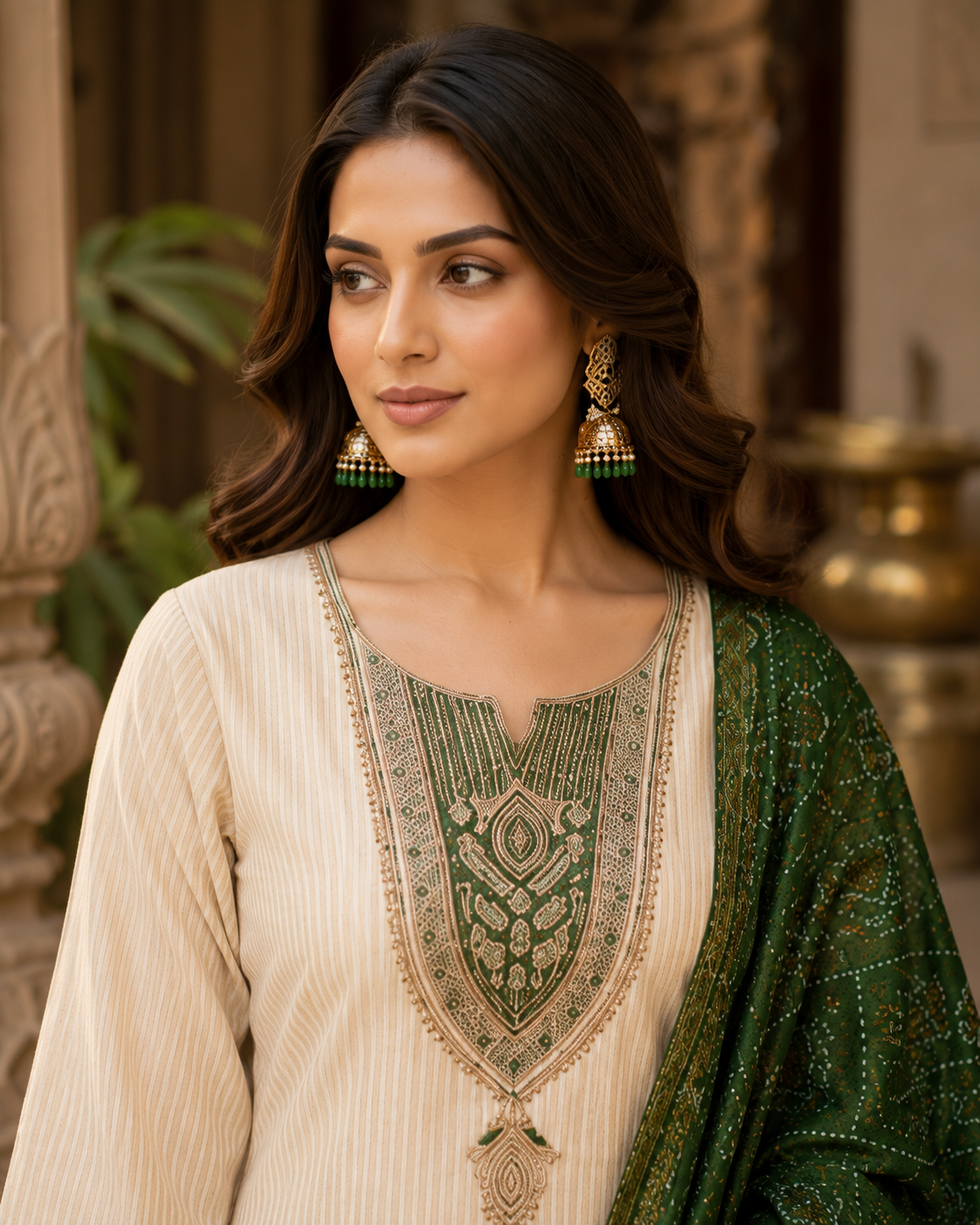 Ivory shimmer kurta set with green chunri dupatta - full length standing
