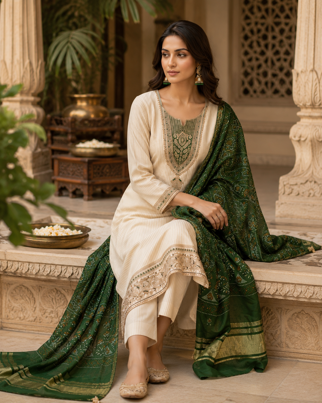 Ivory shimmer kurta set with green chunri dupatta - seated pose