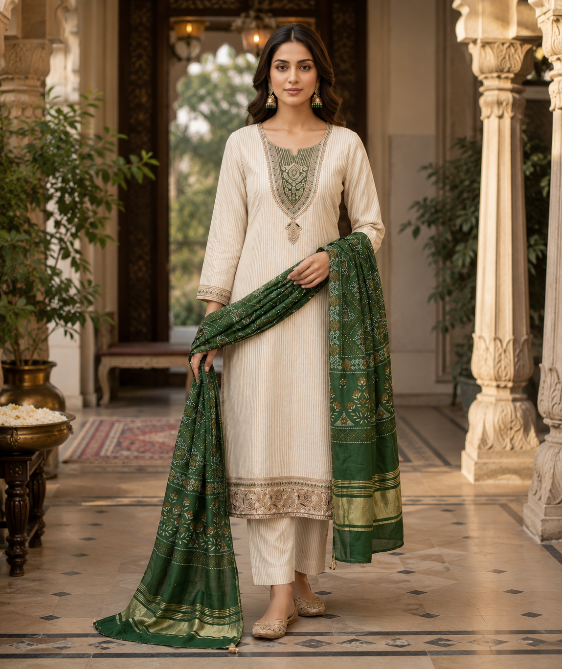 Ivory shimmer kurta set with green chunri dupatta - neckline detail