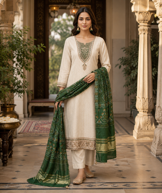 Ivory shimmer kurta set with green chunri dupatta - neckline detail