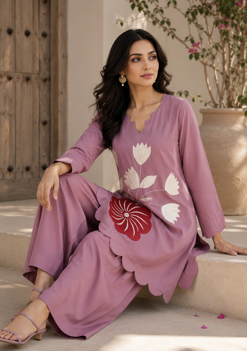 Dusty rose tulip eplic co-ord set - seated pose