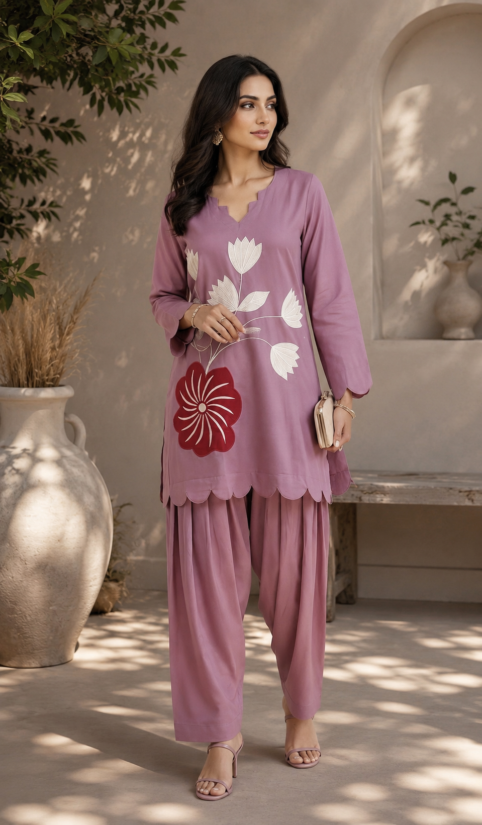 Dusty rose tulip eplic co-ord set - full length standing