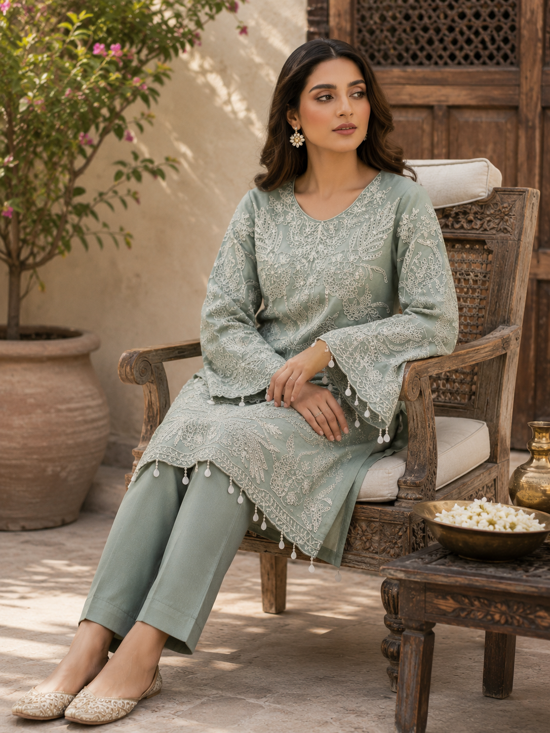 Sage zardozi shimmer co-ord set - seated pose