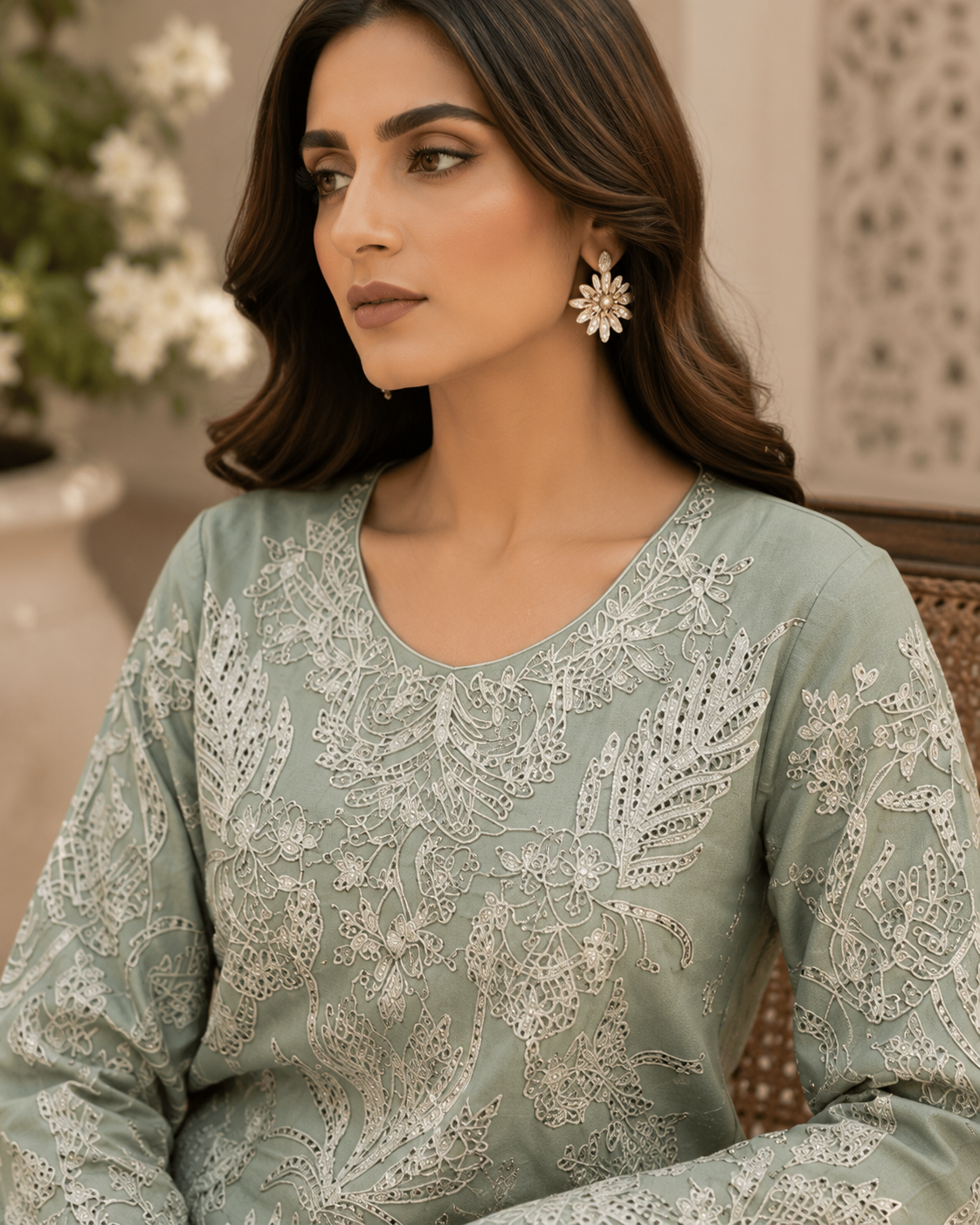 Sage zardozi shimmer co-ord set - neckline embroidery detail