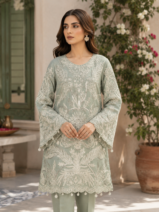 Sage zardozi shimmer co-ord set - full length standing