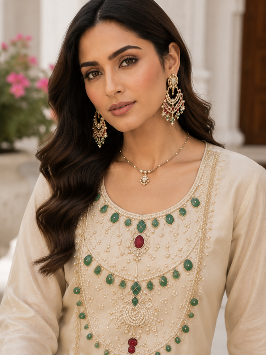 Ivory pearl shimmer sharara set - neckline pearl embroidery detail