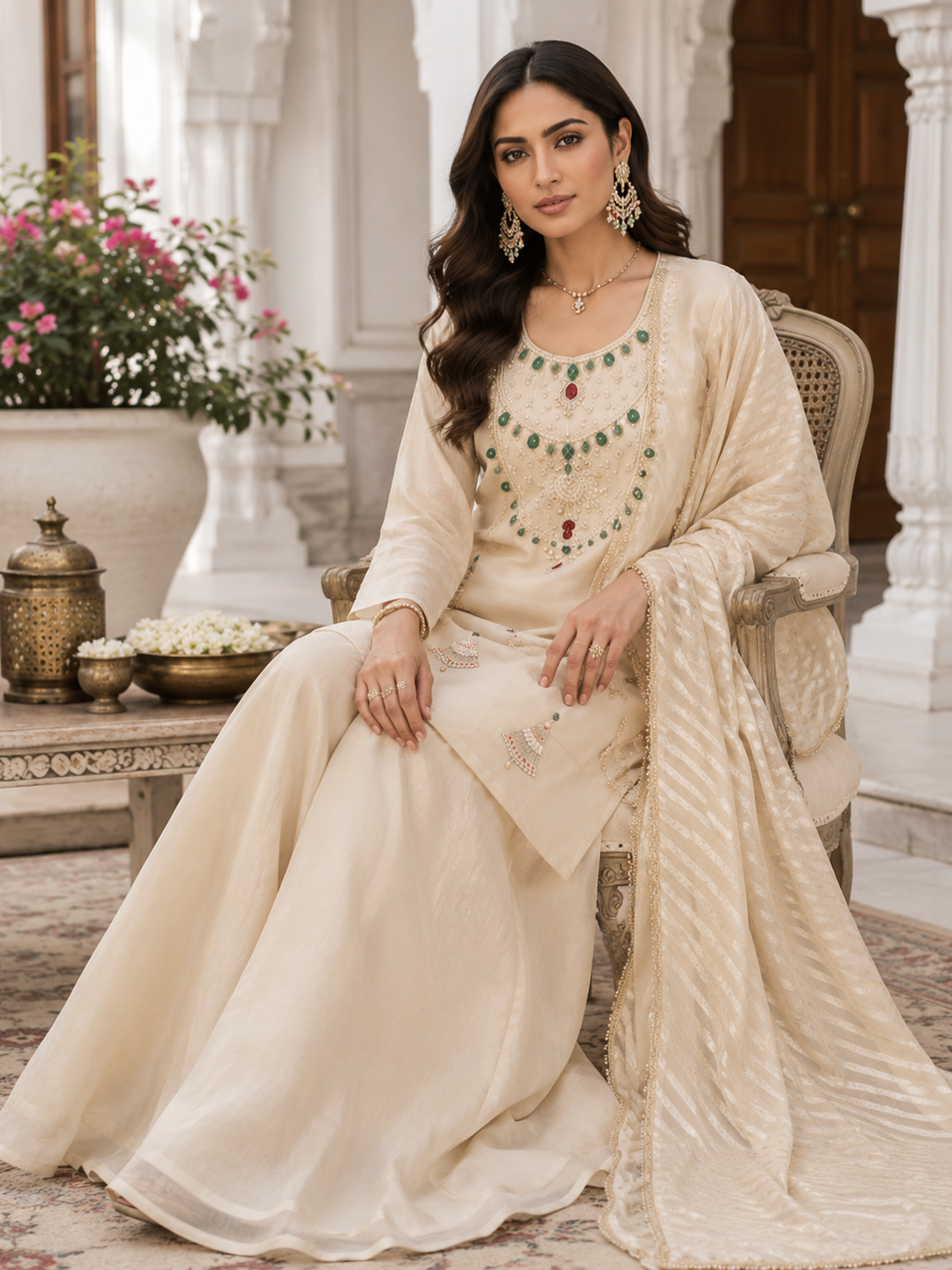 Ivory pearl shimmer sharara set - full length standing