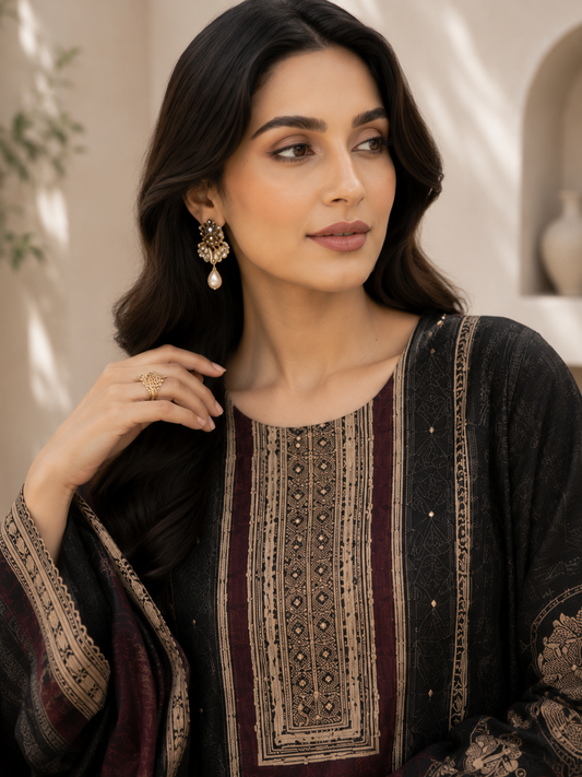 Onyx zari muslin kurta set - neckline detail