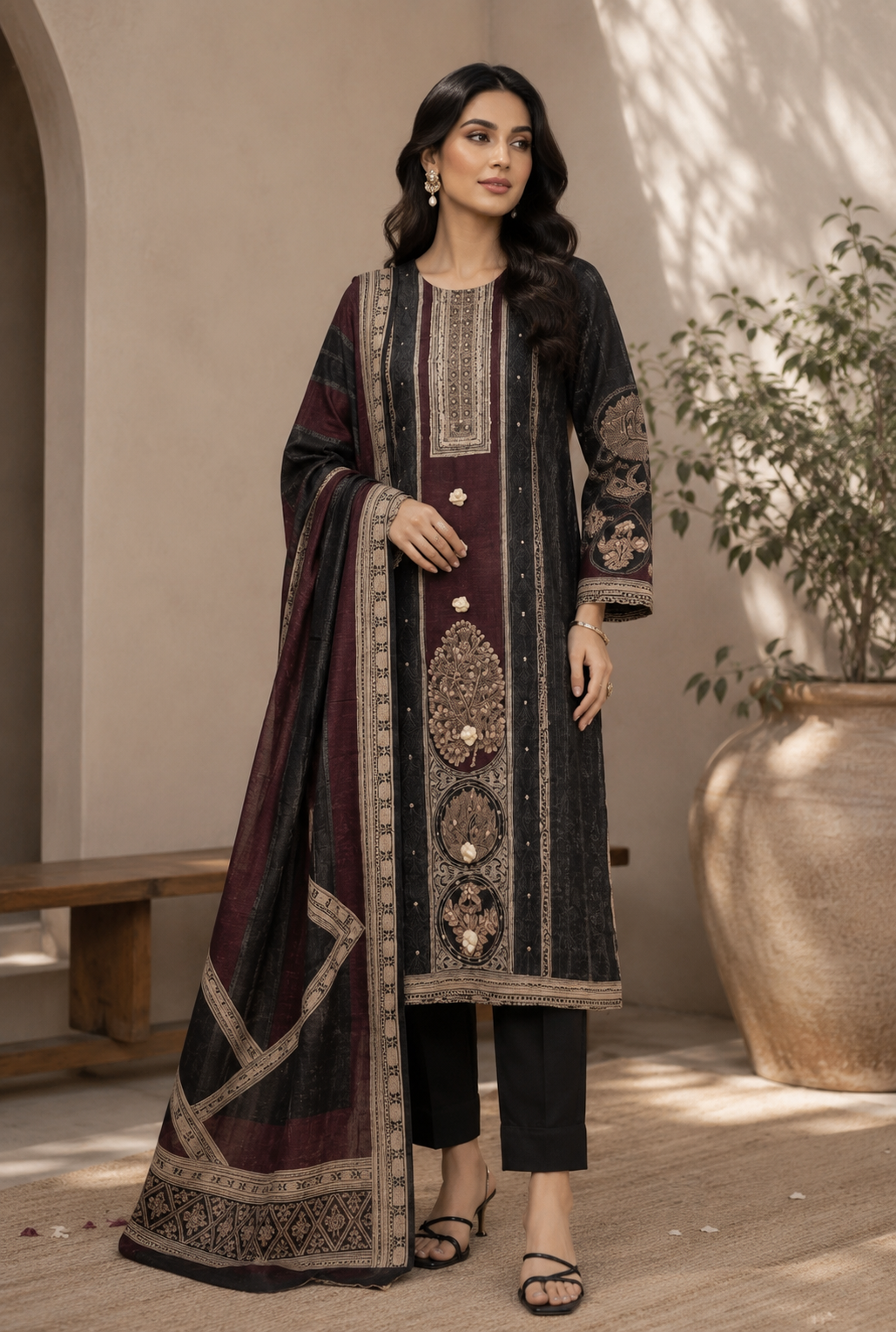 Onyx zari muslin kurta set - seated pose