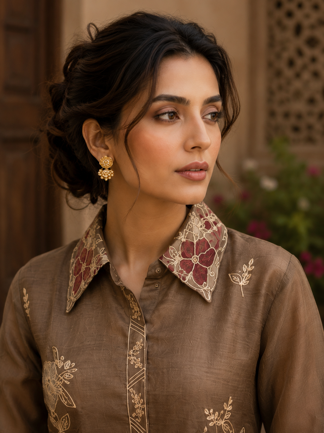 Mocha mul chanderi co-ord set - collar close-up