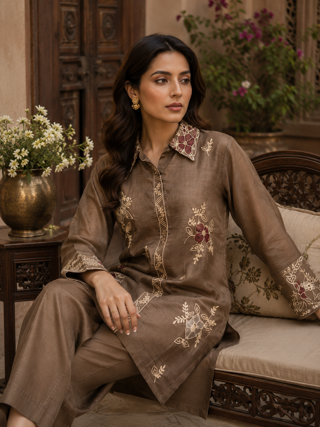 Rust mul chanderi co-ord set - seated pose