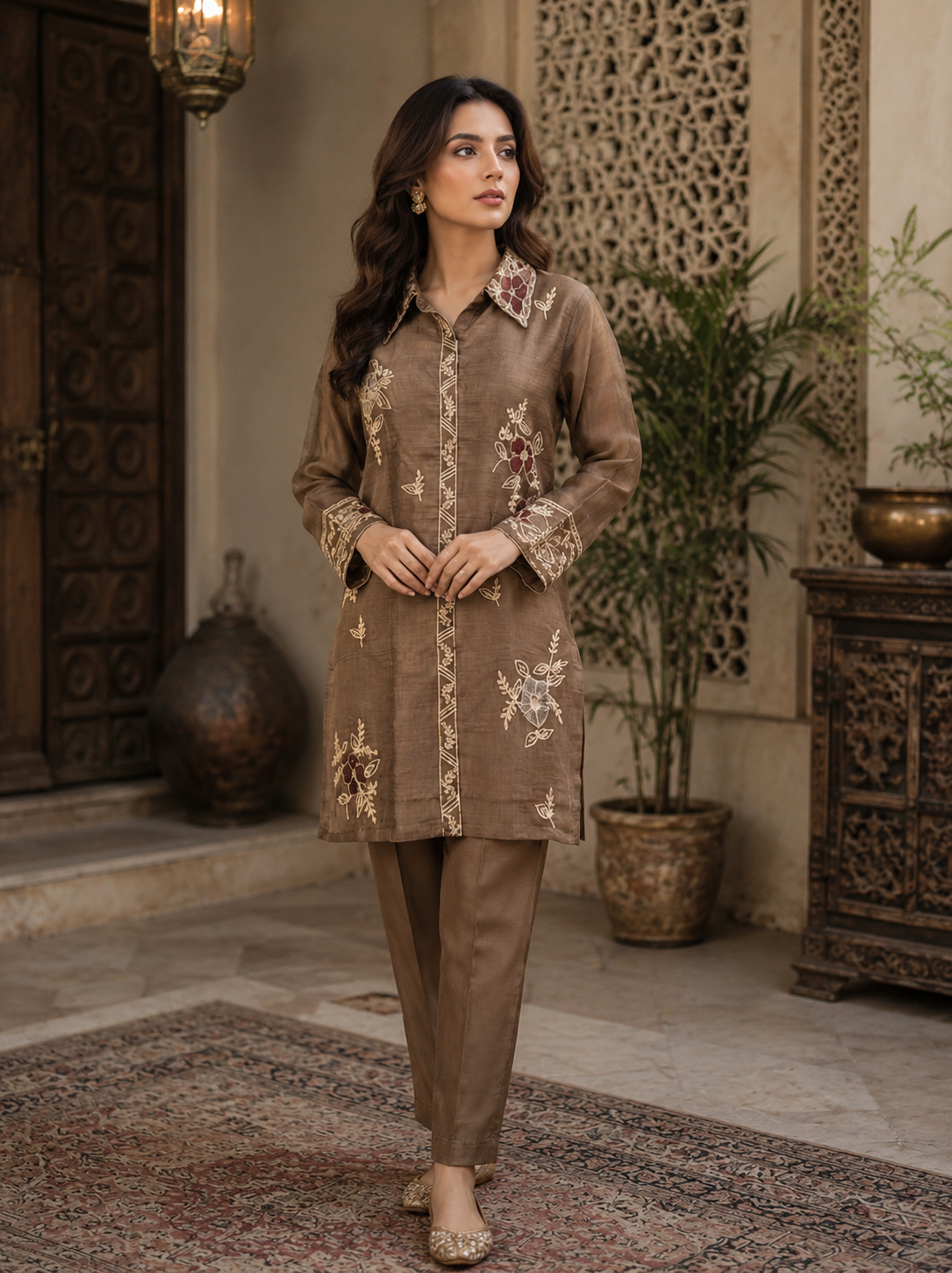Rust mul chanderi co-ord set - full length standing