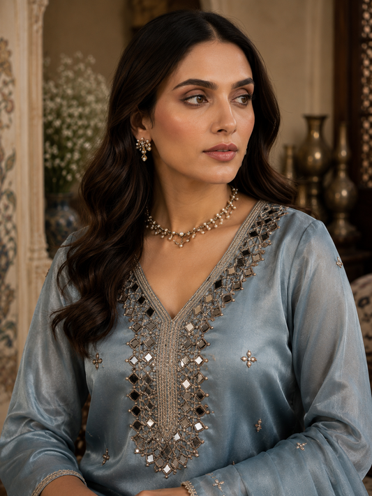 Steel blue mirror work shimmer set - neckline close-up