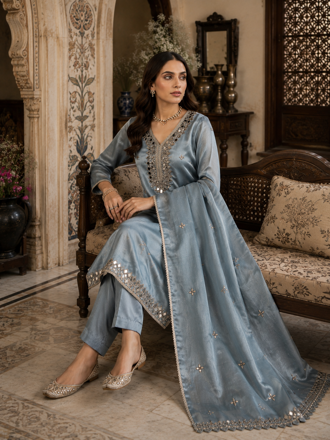 Steel blue mirror work shimmer set - full length indoor