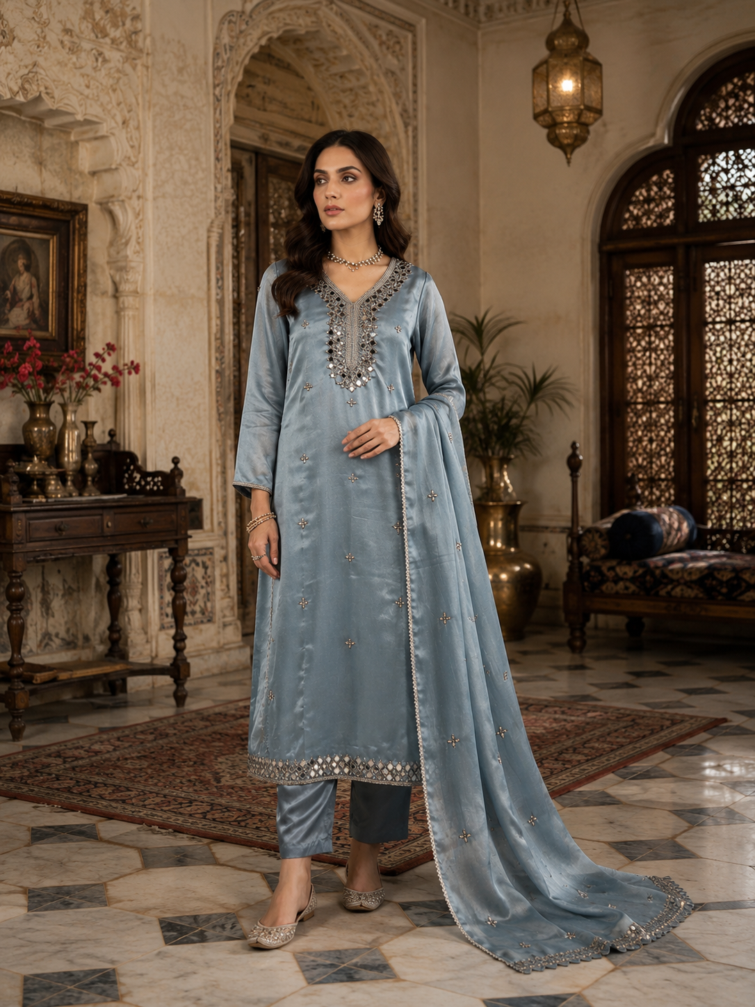 Steel blue mirror work shimmer set - full length standing