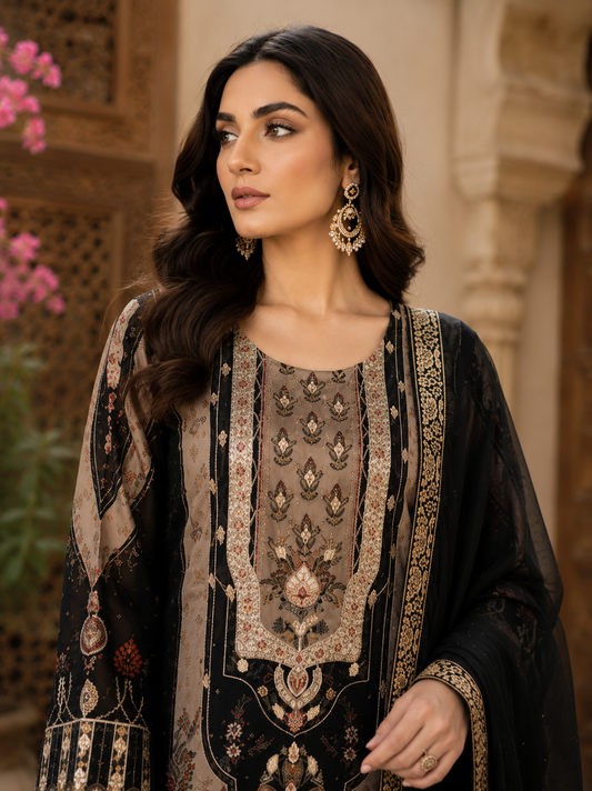 Noir zardozi silk kurta set - neckline embroidery close-up