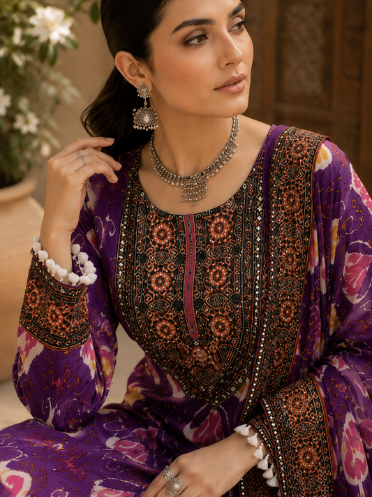 Violet ikat crepe kurta set - full length standing outdoor