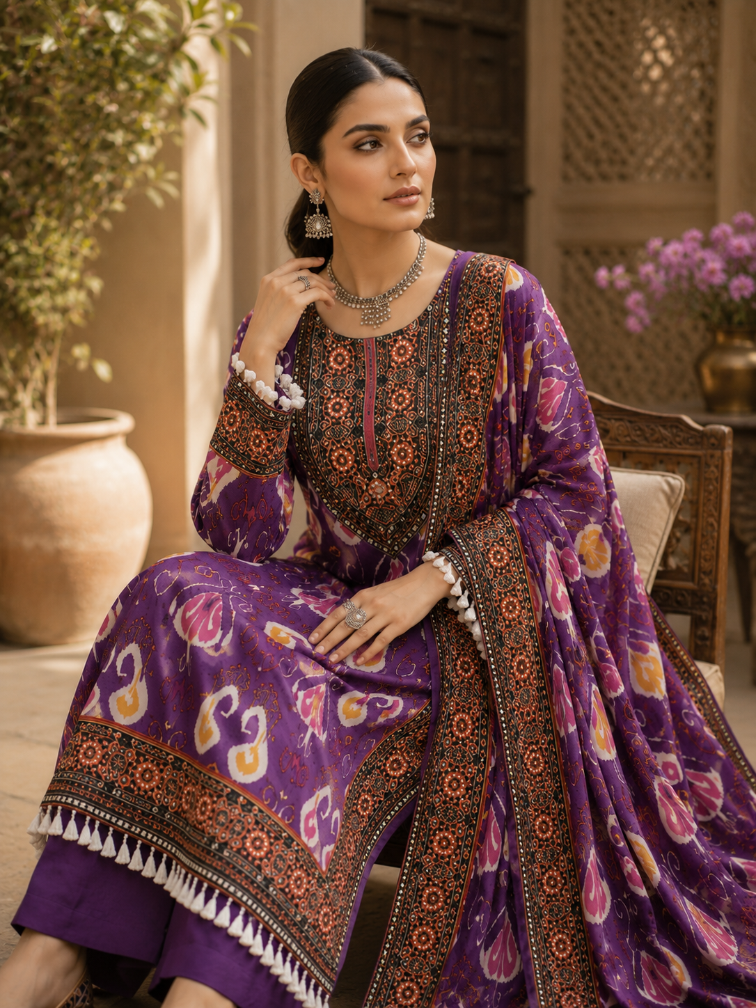 Violet ikat crepe kurta set - embroidered yoke close-up