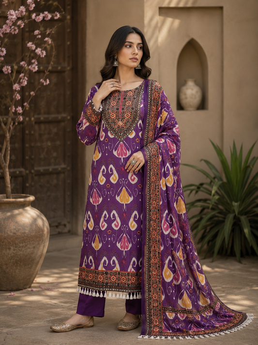 Violet ikat crepe kurta set - seated pose