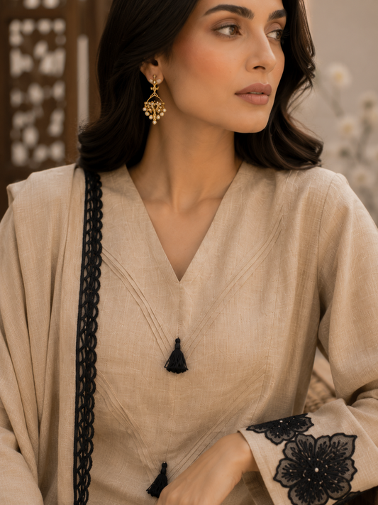 Beige eplic Pakistani kurta set - seated close-up