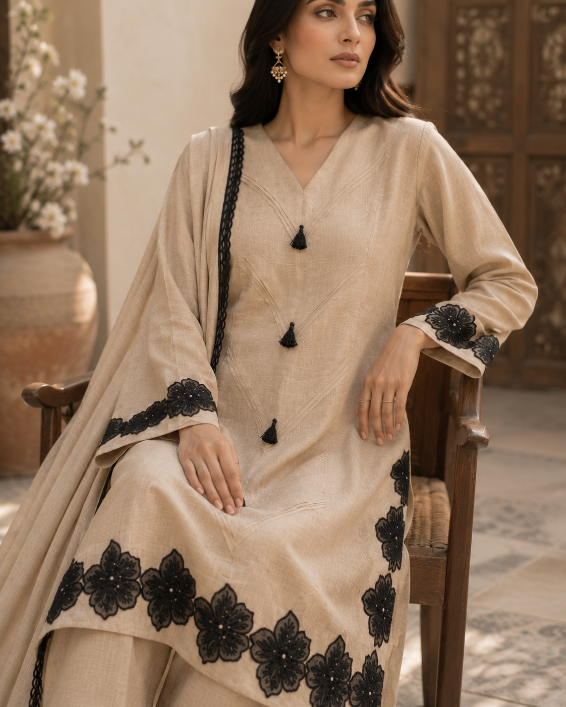 Beige eplic Pakistani kurta set - full length standing