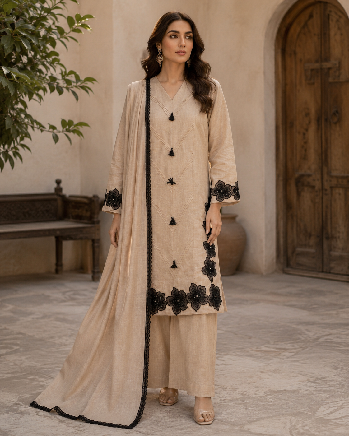 Lavender eplic Pakistani kurta set - neckline detail