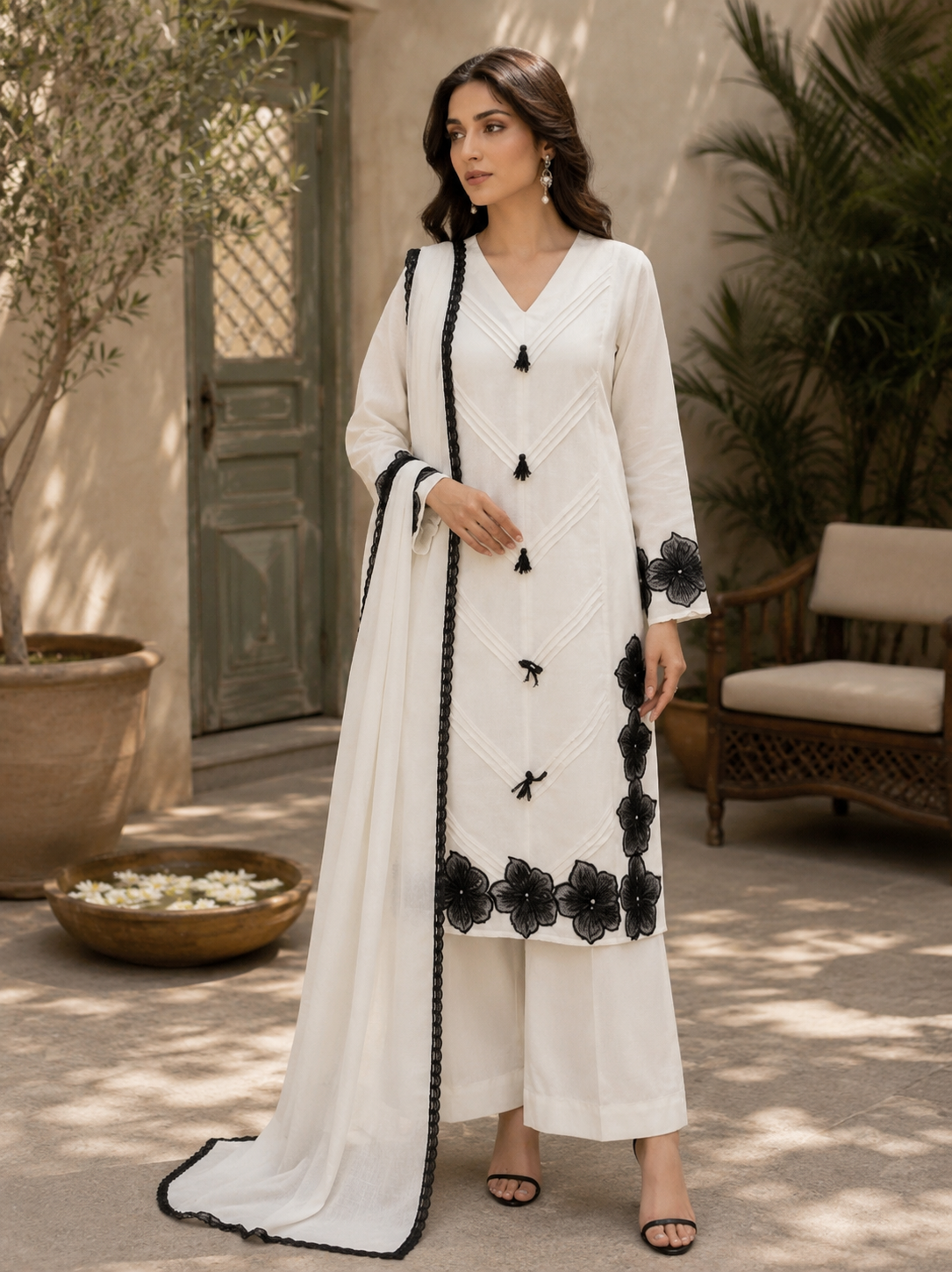 White eplic Pakistani kurta set - full length