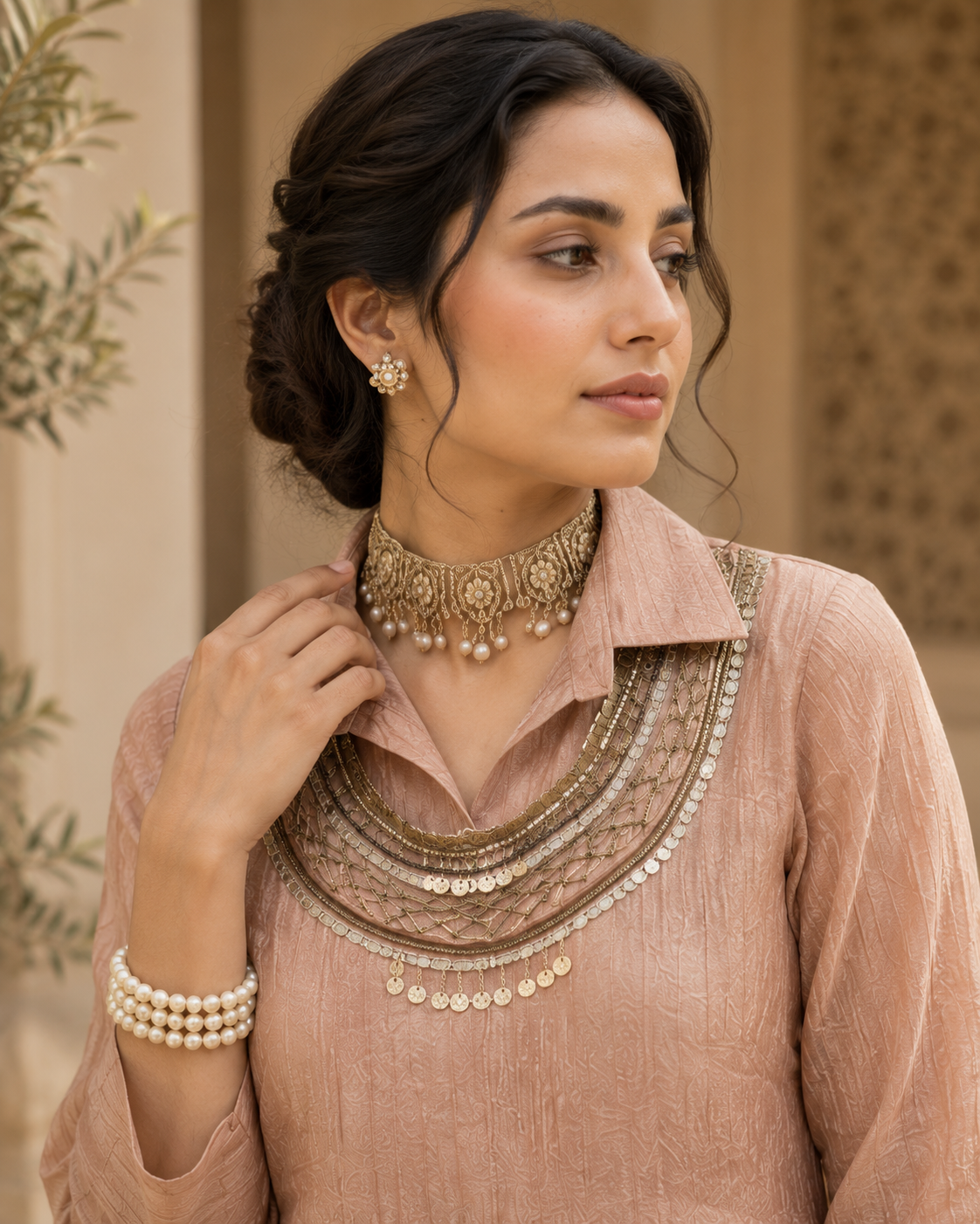 Blush rose crushed tissue co-ord set - neckline close-up