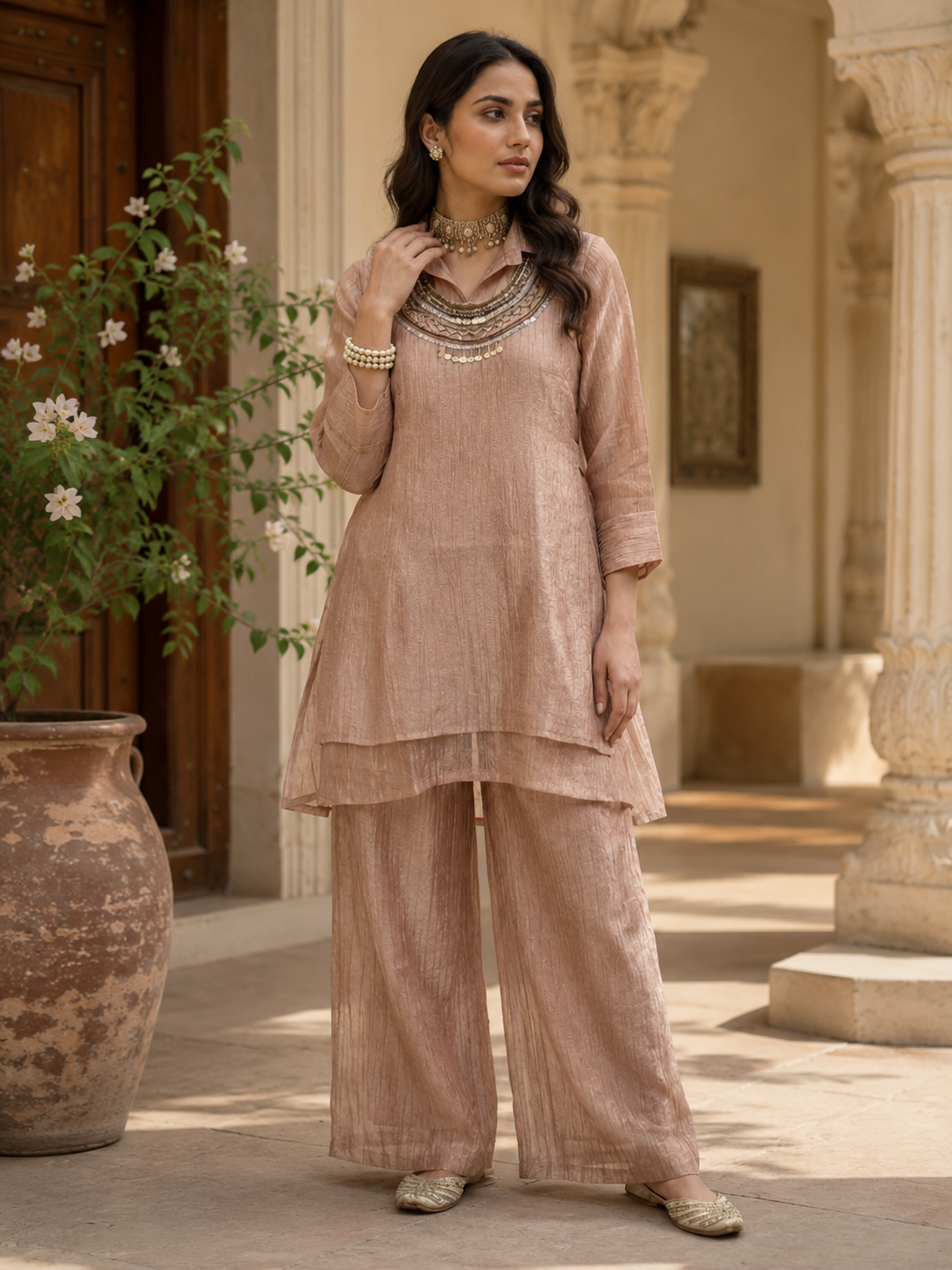 Sage green crushed tissue co-ord set - full length standing outdoor