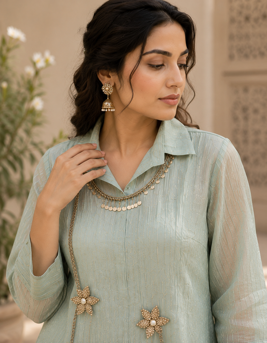 Sage green crushed tissue co-ord set - neckline close-up